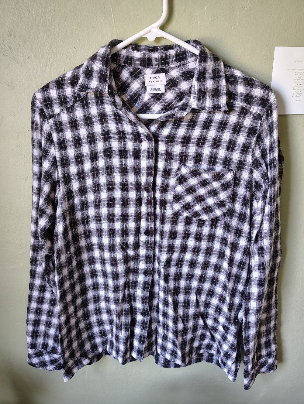 ☀️5/$25☀️ RVCA Women's Medium Black & White Plaid Flannel 100% Cotton Shirt